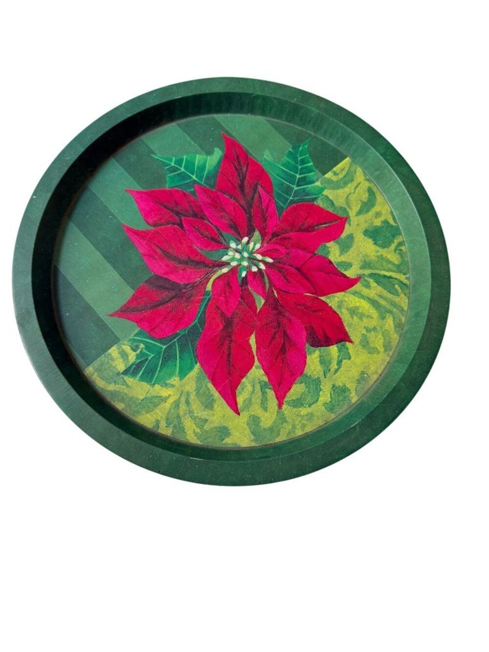 Vintage Poinsettia Christmas Metal Serving Tray Round 12" Holiday Decor Green